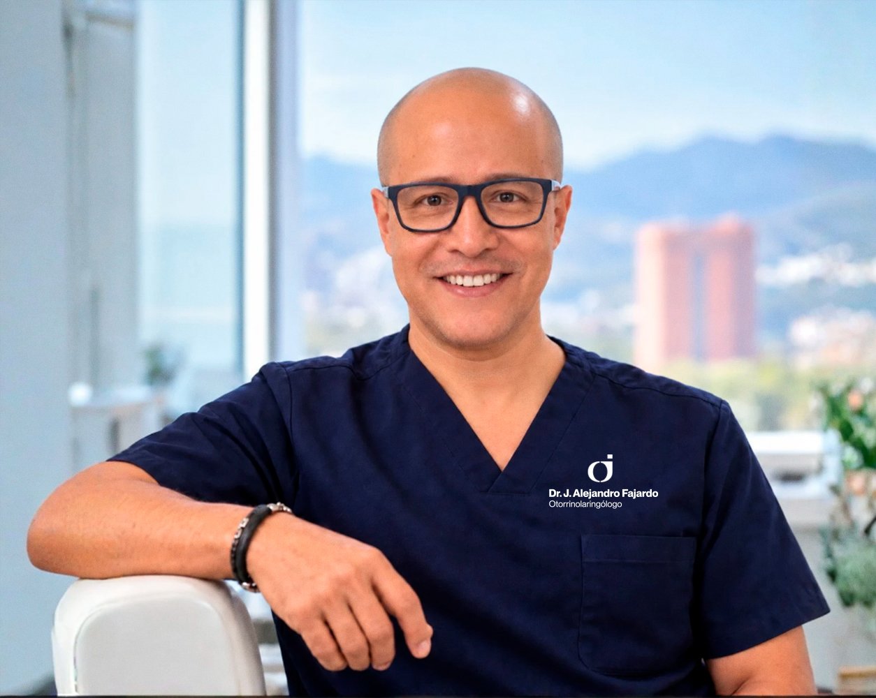 Dr. Alejandro Fajardo, otorrinolaringólogo en Medellín, sonriendo en su consultorio con uniforme azul marino
